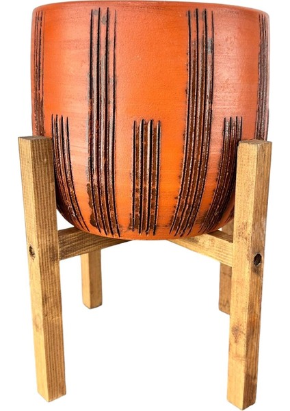 Ev Dekorasyon Aksesuar Siyah Çizgi Desenli Toprak Saksı Saksılık Salon Çiçeklik 4 Ayaklı - 19 CM