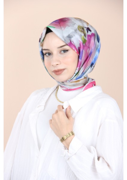Pembe Sisli Menekşe Desen Eşarp