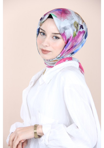 Pembe Sisli Menekşe Desen Eşarp