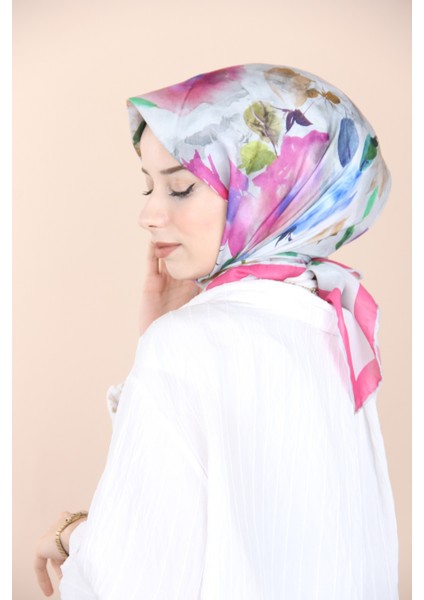 Pembe Sisli Menekşe Desen Eşarp