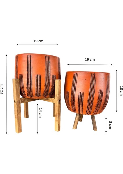Ev Dekorasyon Aksesuar Siyah Çizgi Desenli Toprak Saksı Saksılık Salon Çiçeklik İkili Set 3 Ayaklı- 4 Ayaklı- 19 CM