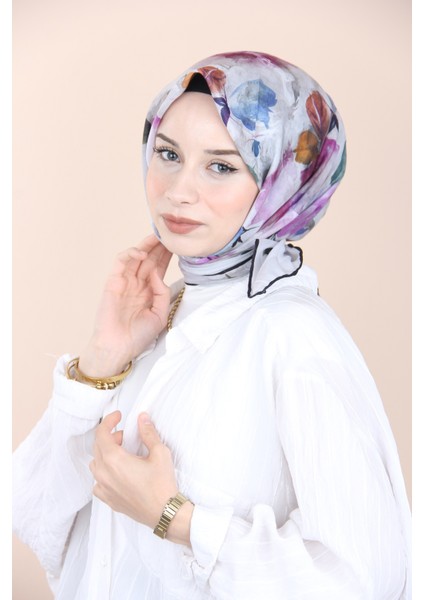 Bej Sisli Menekşe Desen Eşarp