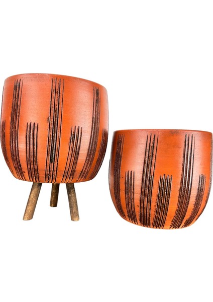 Ev Dekorasyon Aksesuar Siyah Çizgi Desenli Toprak Saksı Saksılık Salon Çiçeklik İkili Set Ayaksız - 3 Ayaklı- 19 CM
