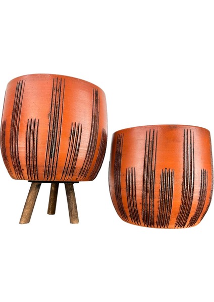 Ev Dekorasyon Aksesuar Siyah Çizgi Desenli Toprak Saksı Saksılık Salon Çiçeklik İkili Set Ayaksız - 3 Ayaklı- 19 CM