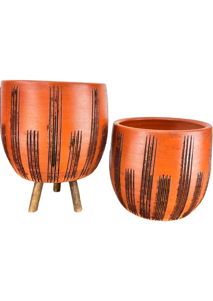 Ev Dekorasyon Aksesuar Siyah Çizgi Desenli Toprak Saksı Saksılık Salon Çiçeklik İkili Set Ayaksız - 3 Ayaklı- 19 CM
