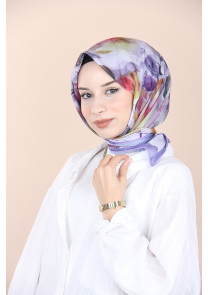 Lila Sisli Menekşe Desen Eşarp