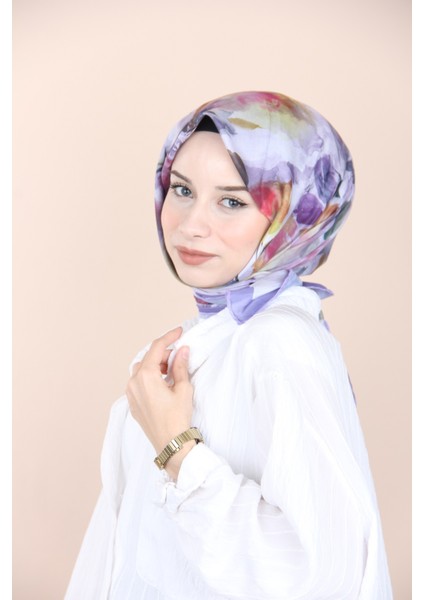 Lila Sisli Menekşe Desen Eşarp