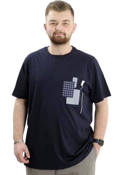 Büyük Beden Erkek Bisiklet Yaka T-Shirt Baskılı Garnılı U24045 Lacivert