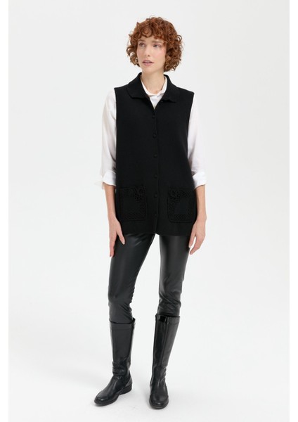 Kadın Polo Yaka Düğmeli Kısa Yün Yelek Siyah