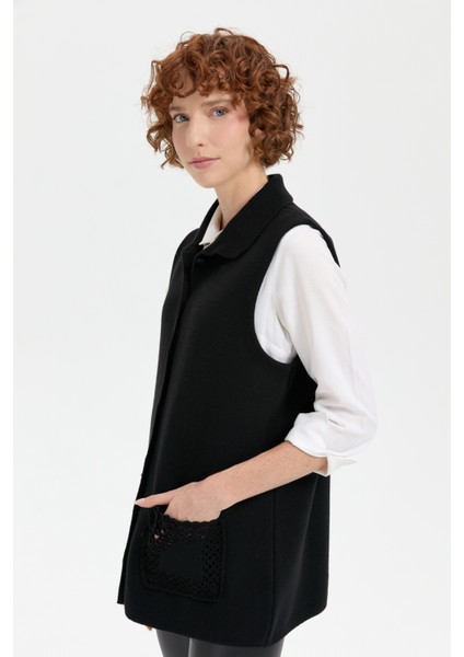 Kadın Polo Yaka Düğmeli Kısa Yün Yelek Siyah modelleri