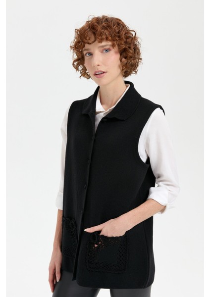 Kadın Polo Yaka Düğmeli Kısa Yün Yelek Siyah fırsatları