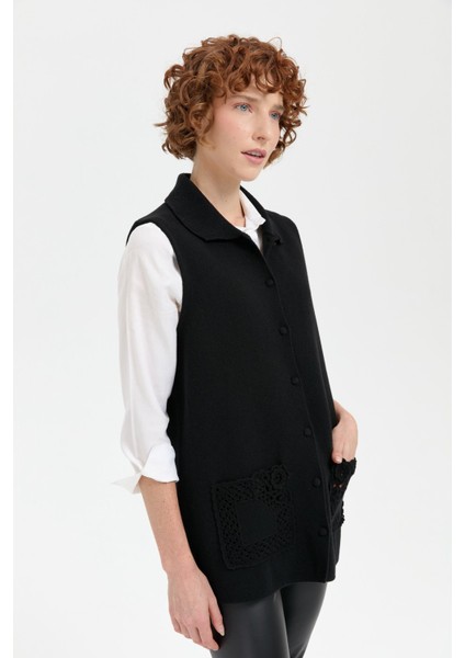 Kadın Polo Yaka Düğmeli Kısa Yün Yelek Siyah indirimleri