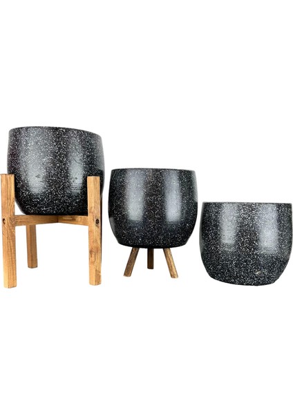 Ev Dekorasyon Aksesuar Siyah Granit Toprak Saksı Saksılık Salon Çiçeklik Üçlü Set- 19 CM