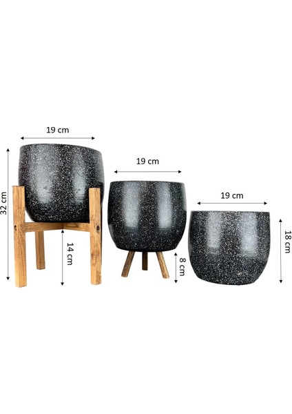 Ev Dekorasyon Aksesuar Siyah Granit Toprak Saksı Saksılık Salon Çiçeklik Üçlü Set- 19 CM
