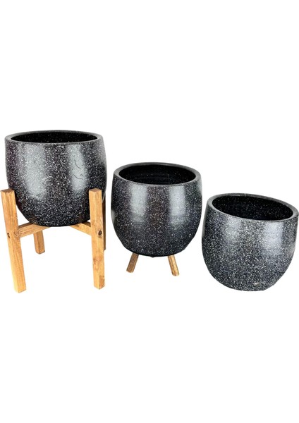 Ev Dekorasyon Aksesuar Siyah Granit Toprak Saksı Saksılık Salon Çiçeklik Üçlü Set- 19 CM