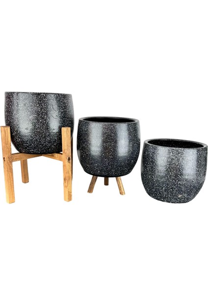 Ev Dekorasyon Aksesuar Siyah Granit Toprak Saksı Saksılık Salon Çiçeklik Üçlü Set- 19 CM