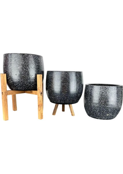 Ev Dekorasyon Aksesuar Siyah Granit Toprak Saksı Saksılık Salon Çiçeklik Üçlü Set- 19 CM