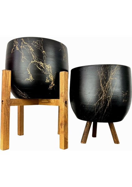 Ev Dekorasyon Aksesuar Siyah Üzeri Gold Mermer Efektli Toprak Saksı Saksılık Salon Çiçeklik İkili Set 3 Ayaklı- 4 Ayaklı- 19 CM