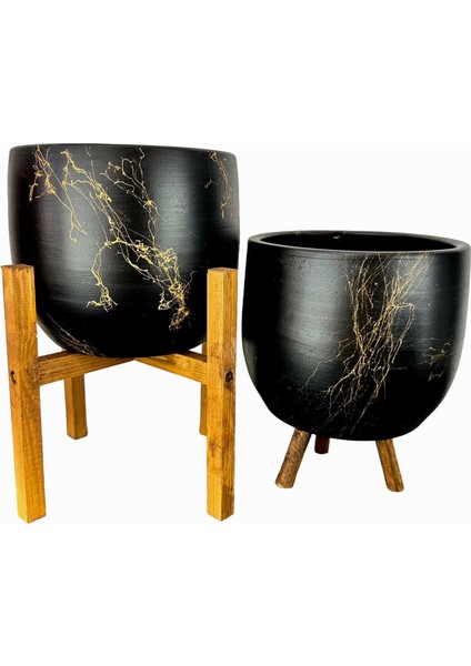 Ev Dekorasyon Aksesuar Siyah Üzeri Gold Mermer Efektli Toprak Saksı Saksılık Salon Çiçeklik İkili Set 3 Ayaklı- 4 Ayaklı- 19 CM