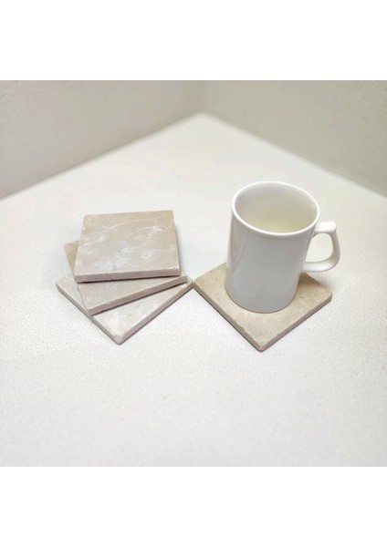 Mermer Bardak Altlığı 4’lü Set, 10 X10CM, Eskitme, Krem, Baskısız Boyanabilir,