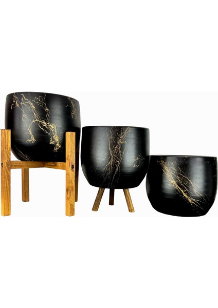 Ev Dekorasyon Aksesuar Siyah Üzeri Gold Mermer Efektli Toprak Saksı Saksılık Salon Çiçeklik Üçlü Set- 19 CM