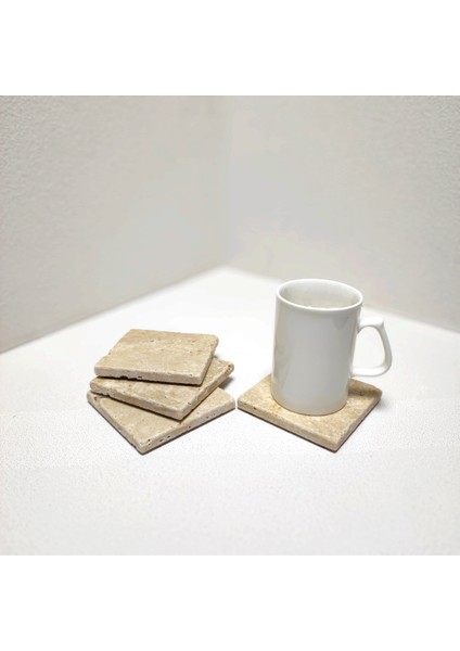 Traverten Bardak Altlığı 4’lü Set, 10 X10CM, Eskitme, Krem, Baskısız Boyanabilir,