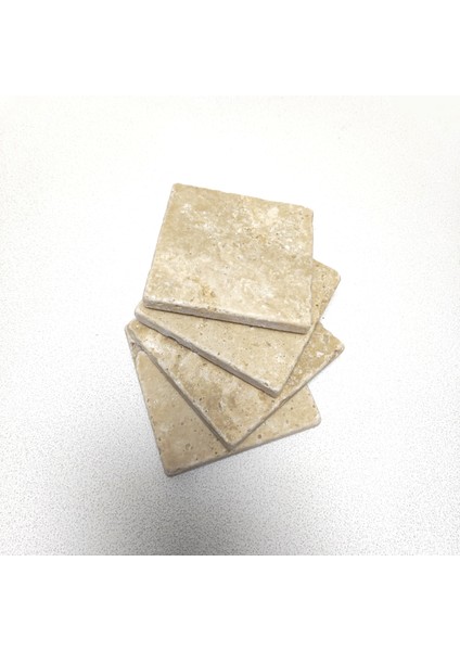 Traverten Bardak Altlığı 4’lü Set, 10 X10CM, Eskitme, Krem, Baskısız Boyanabilir,