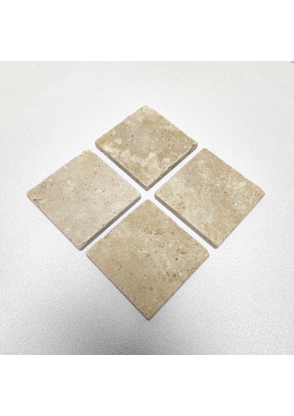 Traverten Bardak Altlığı 4’lü Set, 10 X10CM, Eskitme, Krem, Baskısız Boyanabilir,