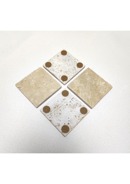 Traverten Bardak Altlığı 4’lü Set, 10 X10CM, Eskitme, Krem, Baskısız Boyanabilir,