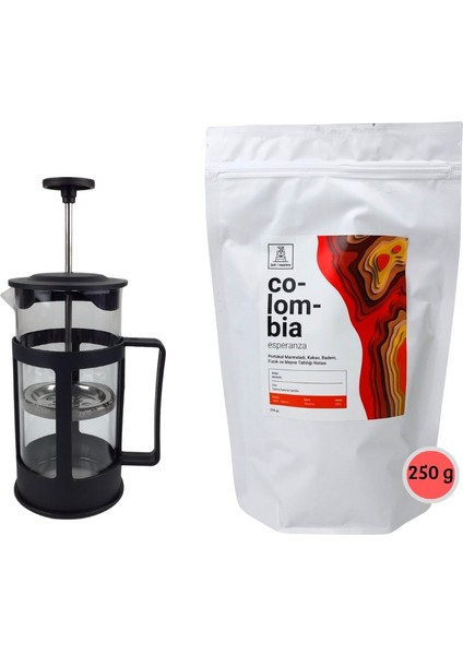 Dreamgift - Just Coffee Roastery Colombia Filtre Kahve (250G) ve Cam Premium French Press (350ML) Ikili Set