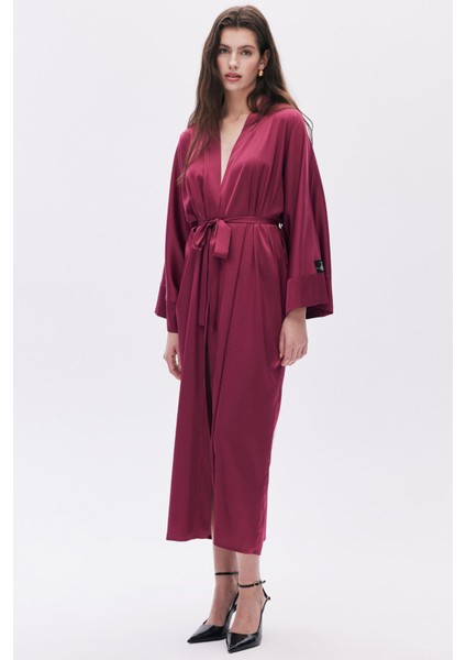 Frappant Bordo Uzun Saten Sabahlık / Kimono