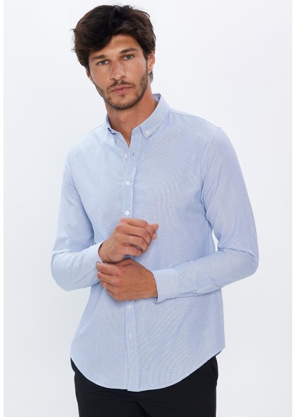 Erkek Slim Fit Dar Kesim Uzun Kollu Pamuklu Çizgili 4 Mevsim Düğmeli Yaka Gömlek