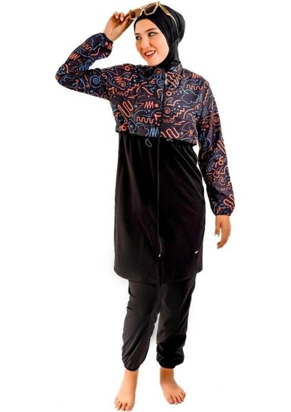 22110 Dijital Desenli 2 Li Tesettür Mayo