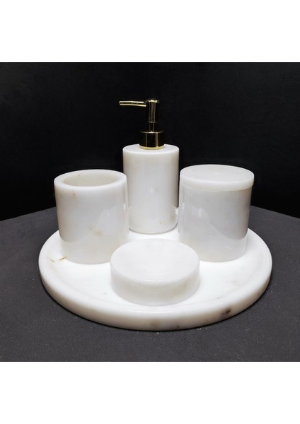 Mermer Banyo Seti 5'li, Tezgah Üstü Düzenleyici, Sabunluk, Tepsi, Fırçalık, Pamukluk,