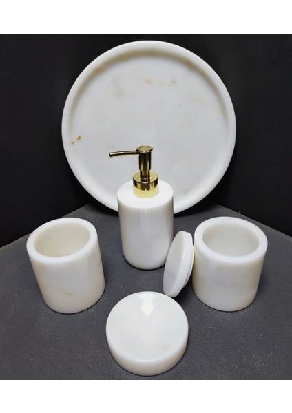 Mermer Banyo Seti 5'li, Tezgah Üstü Düzenleyici, Sabunluk, Tepsi, Fırçalık, Pamukluk,