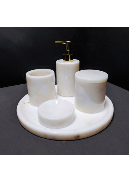 Mermer Banyo Seti 5'li, Tezgah Üstü Düzenleyici, Sabunluk, Tepsi, Fırçalık, Pamukluk,
