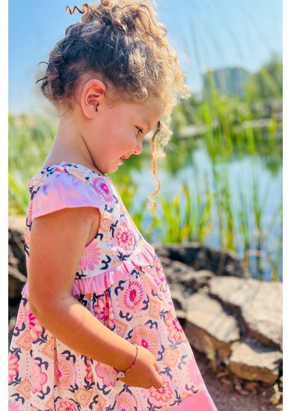 Geometrik Desenli Kolsuz Yazlık Kız Çocuk Elbise "su" Modeli modelleri