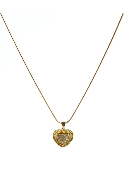 Ortası Zirkon Kalp Gold Çelik Kolye