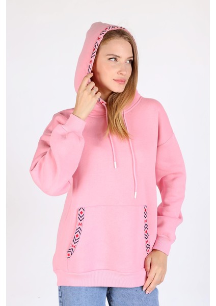 9141M Yaka Cep Baskı Kapüşonlu Sweat Pembe