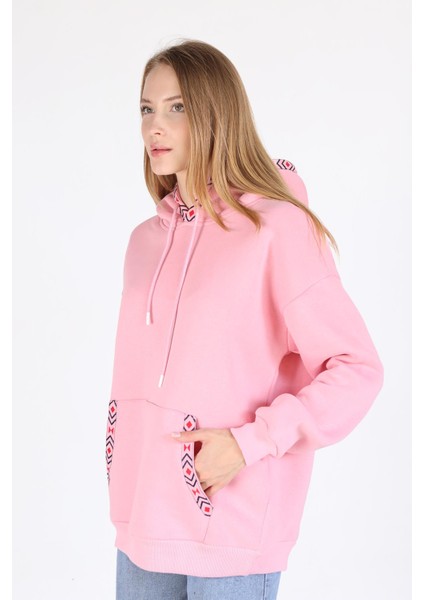 9141M Yaka Cep Baskı Kapüşonlu Sweat Pembe