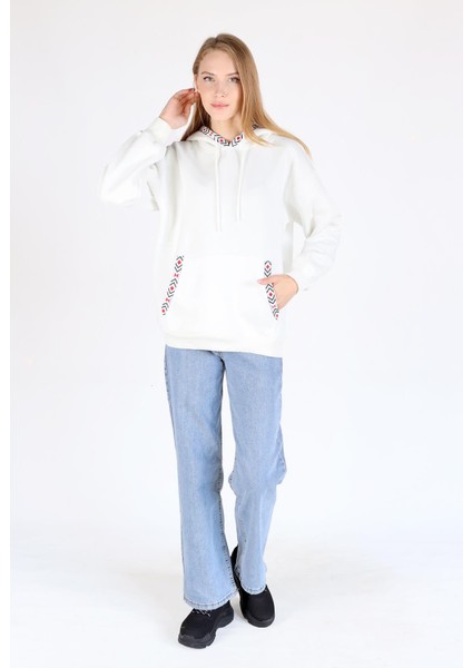 9141M Yaka Cep Baskı Kapüşonlu Sweat Ekru fiyatları