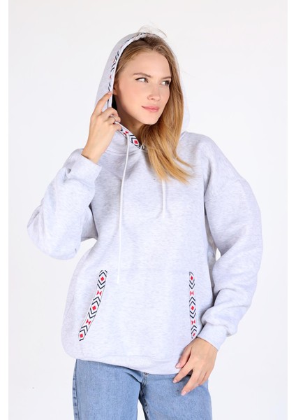 9141M Yaka Cep Baskı Kapüşonlu Sweat Karmelanj