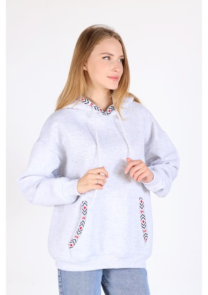 9141M Yaka Cep Baskı Kapüşonlu Sweat Karmelanj