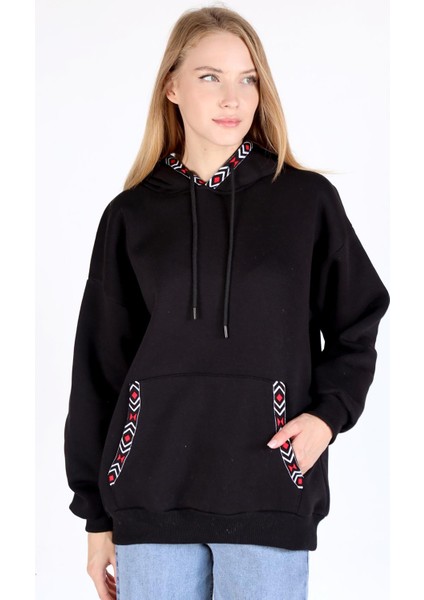 9141M Yaka Cep Baskı Kapüşonlu Sweat Siyah