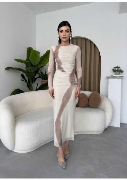 Caramel Uzun Kollu Stres Elbise