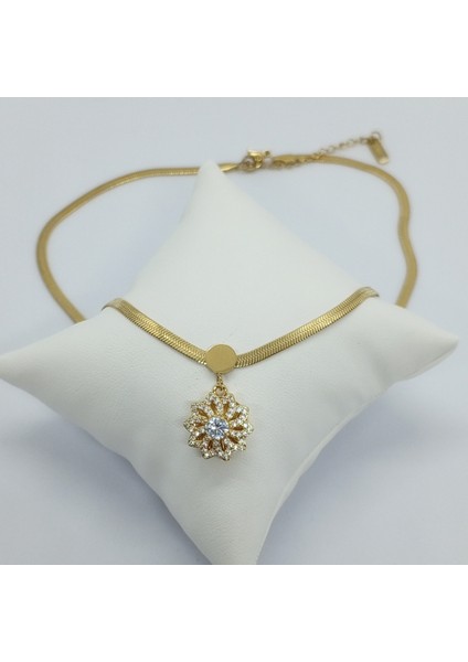 Çelik Gold Zirkon Taşlı Stres Kolye