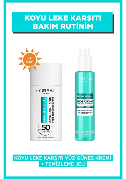 L'oréal Paris Bright Reveal Spf 50+ Koyu Leke Karşıtı Fluid Günlük Yüz Güneş Kremi 50ML + Bright Reveal Cilt Kusuru Izi Karşıtı, Serum Içerikli Temizleme Jeli Niasinamid+Salisilik Asit 150ML