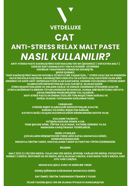 Anti Stress Relax Malte Paste Sakinleştirici Tüy Yumağı Önleyici Yetişkin Kedi Malt Macunu 100 gr