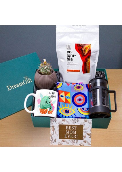 Dreamgift - Anneye Teşekkür: Kaktüs Baskılı Kupa ve French Press Hediye Seti - Just Roastery Colombia Filtre Kahve, Mercan Saksı ve Bandana Eşarp