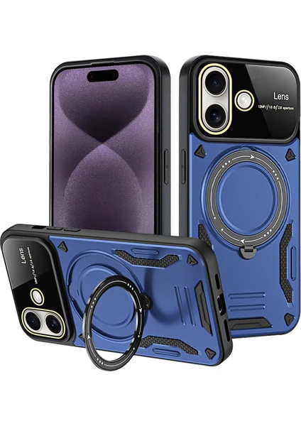 Denza Case Apple iPhone 16 Kılıf Lens Korumalı Yüzüklü Armor Kapak - Lacivert